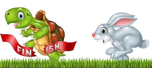 Fototapeta premium Cartoon a turtle win the race against a bunny