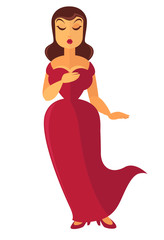 Woman singer in luxury red dress on high heels isolated