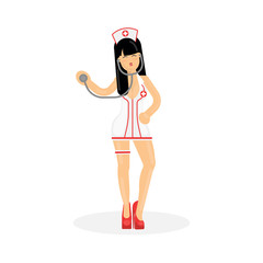 Isolated sexy women in nurse costume on white background. Erotic costume for showgirl.