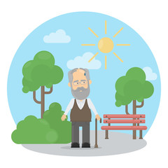 Old man outside suffers from heat. Sweating and being thirsty.