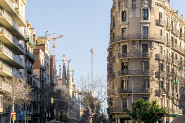 Fototapeta na wymiar Cityscape in Barcelona Europe - street view of Old town in Barcelona, Spain