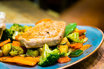 juicy steak veal - beef meat with tomato and vegetables