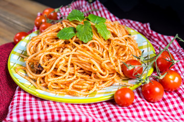tasty pasta-Italian meat sauce pasta on the table