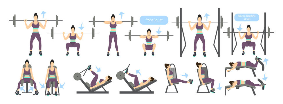 Legs workout for women with machines. All kinds of exercises as squats with weights, smith machine and more