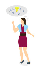 Isolated businesswoman thinking. Brainstorming and Deciding and guessing. Lightbulb.