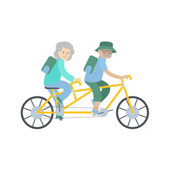 Fototapeta premium Old couple cycling together. Isolated characters on white background. Green old ages.