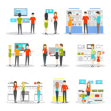 Appliancies department set on white background. Buying refregerators, tv, phones and more.