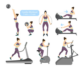 Cardio workout exercises on white backgroud. Exercises for women. Treadmill, cycling and jumping rope.