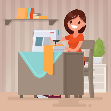 Woman housewife sews on the sewing machine. Vector illustration in a flat style