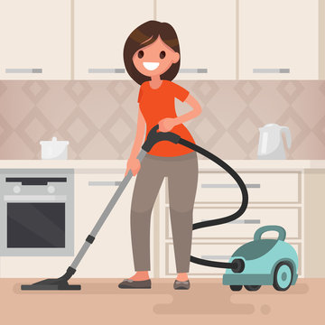 Woman housewife vacuuming the room. Vector illustration in a flat style