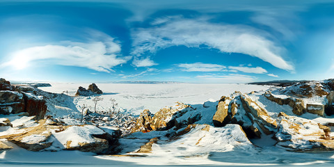 Fototapeta na wymiar Spherical panorama 360 180 degrees Cape shaman on the island of Olkhon, Lake Baikal