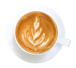 Top view of hot coffee latte art isolated on white background, clipping path included
