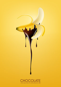 Half peeled ripe banana dipped in melting dark chocolate, fruit, fondue recipe concept, transparent, Vector