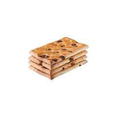 A heap of chocolate chip cookies on a white