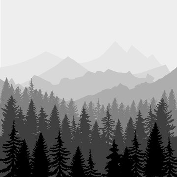 Vector landscape. Panorama of mountains and fores silhouette. illustration