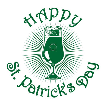 Glass of beer isolated logo. Beer label. Beer glass with the image of clover. Beer icon isolated on white background. St. Patrick's Day celebration symbol.  Vector illustration