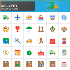 Delivery, logistics vector icons set, modern solid symbol collection, filled colorful pictogram pack. Signs, logo illustration. Set includes icons as shipping, transportation, tracking, parcel, weight