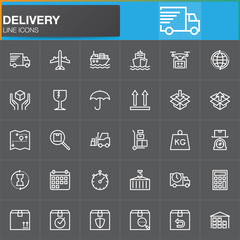 Delivery and logistics line icons set, outline vector symbol collection, linear white pictogram pack. Signs, logo illustration. Set includes icons as shipping, transportation, tracking, parcel, weight