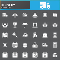Delivery and logistics vector icons set, modern solid symbol collection, filled white pictogram pack. Signs, logo illustration. Set includes icons as shipping, transportation, tracking, parcel, weight