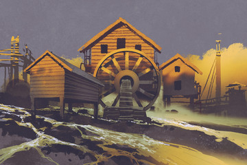 wooden house with a waterwheel on mountain rock at sunset,illustration painting © grandfailure