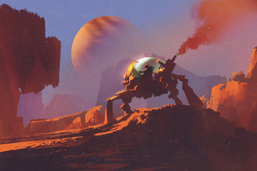  sci-fi scene of the man in the robotic vehicle on red planet,illustration painting