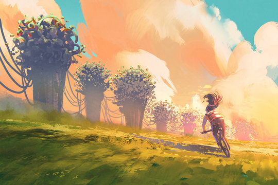 cyclist riding a bike in a field with fantasy tree and colorful sky,illustration painting