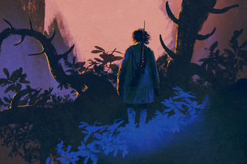 Fototapeta premium the man with a gun standing on a big trees at sunset,illustration painting