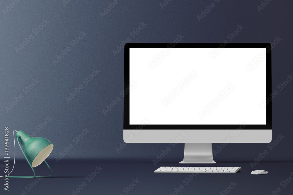 Wall mural workspace background. hero header. computer screens isolated stand. front view