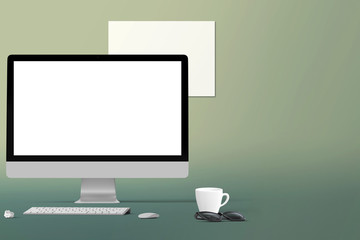 Workspace background. Hero Header. Computer screens isolated stand. Front view