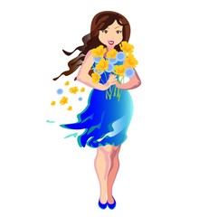 Cute girl with flowers in blue dress