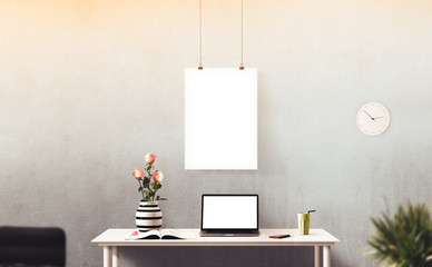 Workspace background. Hero Header. Screens isolated stand. Modern creative workspace