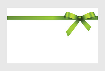 Gift Card With Green Satin Ribbon And Shiny Green Satin Bow Isolated on white background.  Gift Voucher Template.  Vector image.