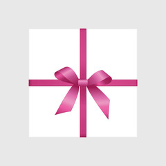 Vector White Square Gift Box with Shiny Magenta Dark Pink Satin Bow