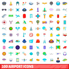 100 airport icons set, cartoon style