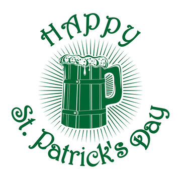 Wooden mug with beer. Wooden beer mug isolated logo. Happy St. Patrick's Day. Beer label. Beer mug icon isolated on white background. Congratulations to the St. Patrick's Day. Vector illustration