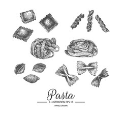 Set of pasta. Hand drawn collection by ink and pen sketch. Isolated vector elements can use for pasta products.