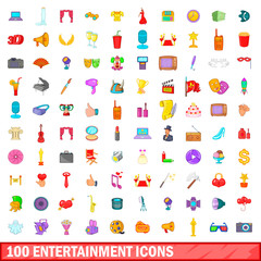 100 entertainment icons set, cartoon style