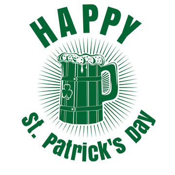 Wooden mug with beer. Beer Mug with the image of clover. Wooden beer mug logo. Happy St. Patrick's Day. Beer label. Beer mug icon isolated on white background. Vector illustration