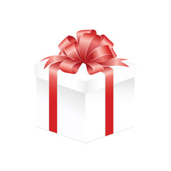 White Square Gift Box with Red Ribbon and Bow Isolated on White Background. Vector image.