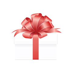 White Square Gift Box with Red Ribbon and Bow Isolated on White Background. Vector image.