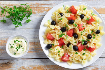 pasta Farfalle with Smoked Salmon, view from above