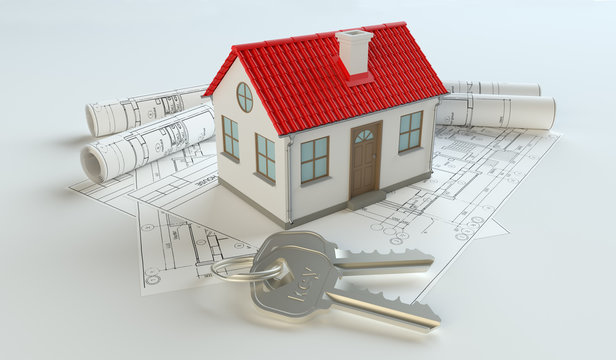 Model of house and key ring on blueprint