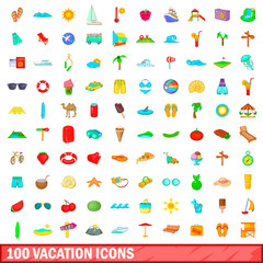 100 vacation icons set, cartoon style