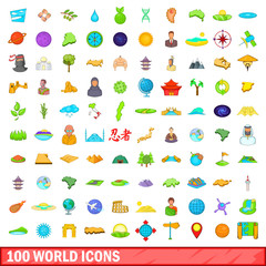 100 world icons set, cartoon style