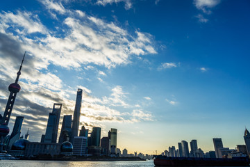 landmarks of Shanghai with Huangpu river in China.