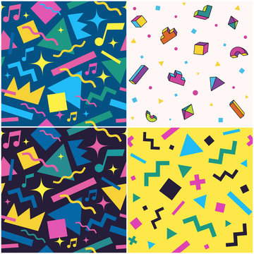 Set of seamless patterns. The 90's and the 80's style. Vector illustration.