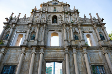 Fototapeta na wymiar Ruins of St. Paul's, church destroyed by fire with only the façade remaining