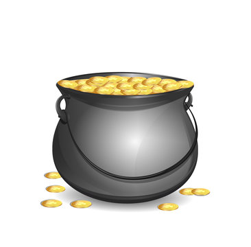 Pot Of Gold. Big Mythical Pot With Full Gold Coins. Money In Cauldron. Metal Pot Full Of Gold Coins With The Image Of Clover. Leprechaun Treasure. Vector Design Element To St. Patrick's Day