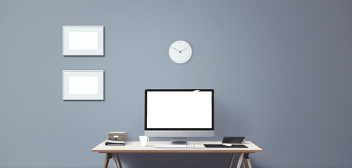 Computer display and office tools on desk. Desktop computer screen isolated. Modern creative workspace background. Front view