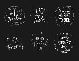 Fototapeta na wymiar Happy Teacher's Day labels, greeting cards, posters set. Vector quote I love my Teacher, You are the best Teacher on a white background with hearts, stars, flowers, airplane.